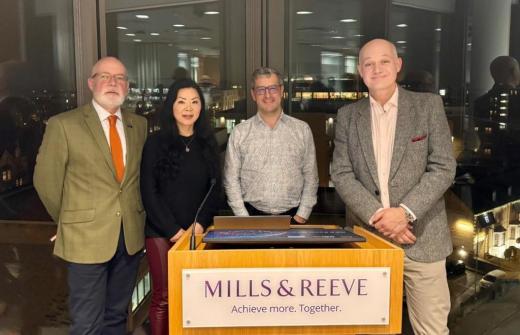 Panellists following Medilink Midlands’ “Doing Business with China” session at Mills & Reeve, Cambridge (5 February 2026), from left to right: Paul Bowman, Lily Lin, James Fry and Professor Keith Jackson