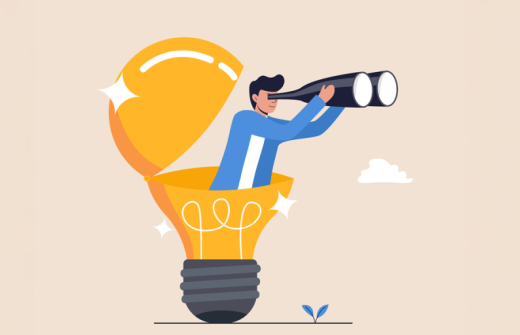 graphic with man coming out of a light blub holding binoculars 