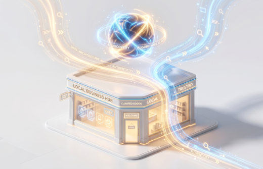 A warm, high-end 3D conceptual render of a pristine business storefront constructed from light, with smooth streams of golden and electric blue data flowing into it from an intelligent nexus above, symbolizing algorithmic discovery and latency mitigation.