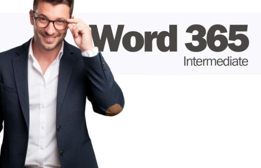 Professional promotional image for Microsoft Word 365 Intermediate training by Computer Tutoring, featuring a man adjusting his glasses beside the course title