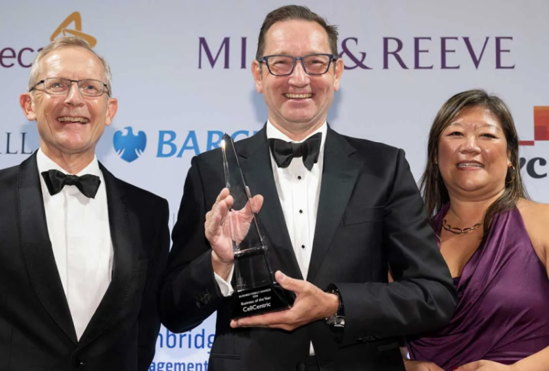 Image CellCentric CEO Will West (centre) with guest speaker Tim Minshall and Zickie Lim from lead Awards sponsor Mills & Reeve. Credit: Business Weekly © Phil Mynott