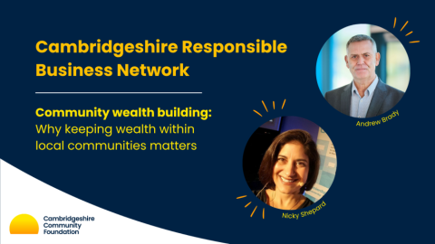 Headshots of speakers, Nicky Shepard and Andrew Brady, alongside the event title text and the charity's logo.