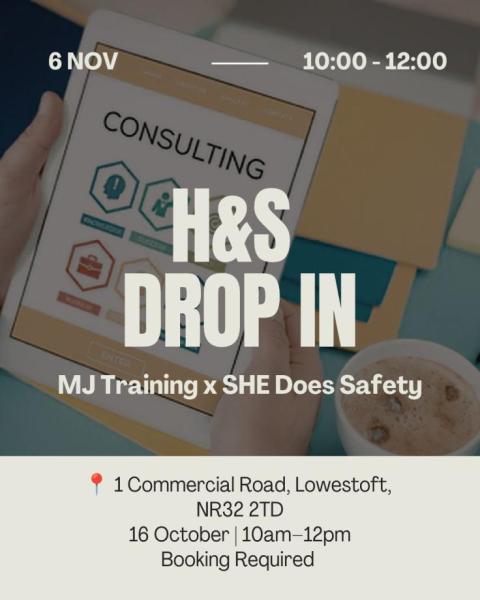 Health & Safety Drop In leaflet detailing times, and company details. 