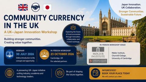 Event graphic promoting a UK-Japan community currency partnership opportunity, featuring Japanese companies, fintech collaboration, digital innovation, local economic resilience, and cross-border engagement between Cambridge and Japan.