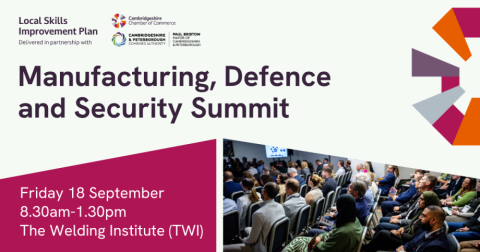 Promotional graphic for the Manufacturing, Defence and Security Summit at The Welding Institute (TWI) on Friday 18 September, 8.30am–1.30pm, featuring an audience seated at a conference.