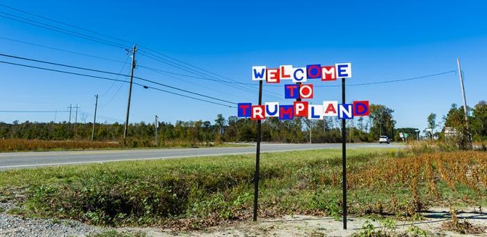 Sign which says' Welcome to Trumpland'