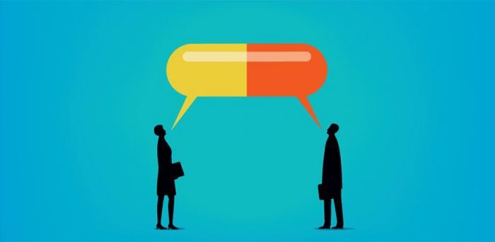 Illustration - two people share giat pill- shaped speech bubble
