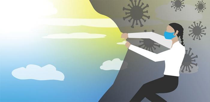 illustration of masked person pulling back a dark sky 'curtain' to reveal the sun and blue sky