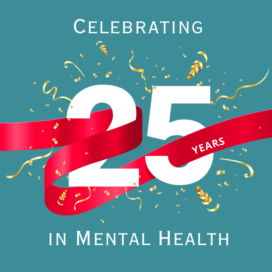 A 25 with an embedded ribbon and the words celebrating in mental health