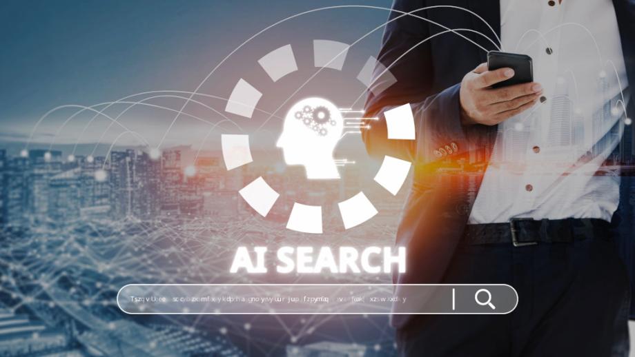 Close-up of a professional individual against a city landscape, searching on a smartphone. A large digital AI graphic and a wide, glowing search bar are overlaid across the lower screen, symbolising AI-integrated search technology