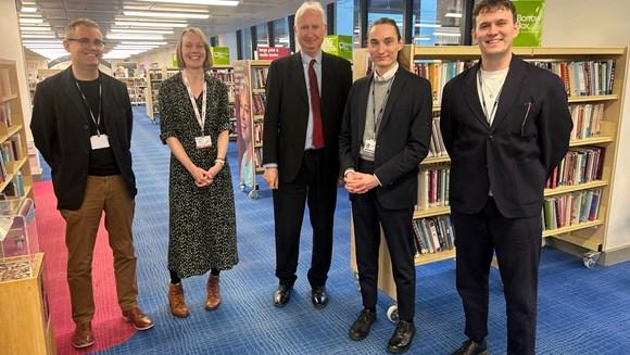Left to right, Tom Molloy – Head of Service, Cambridgeshire Skills, Sally Page – Deputy CEO Cambridge Council for Voluntary Service, Daniel Zeichner MP for Cambridge, Christopher Waters – District Library Manager, Cambridgeshire Libraries, Will Plant – Digital Inclusion Lead, Connecting Cambridgeshire