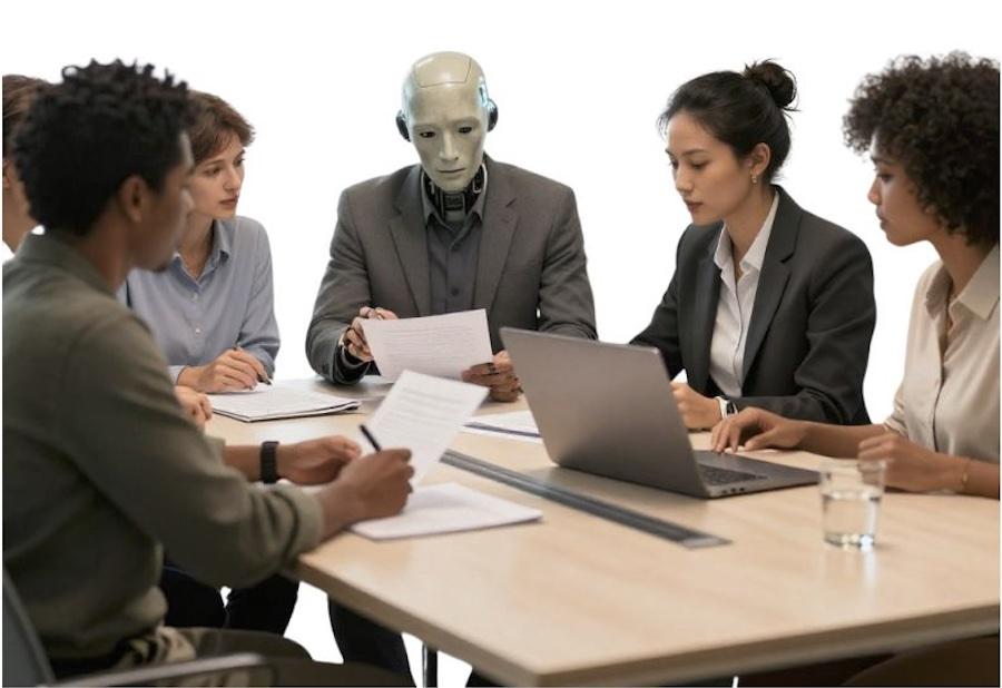 Image shows team working at a meeting with AI agent, cyber/ robot colleague in the centre