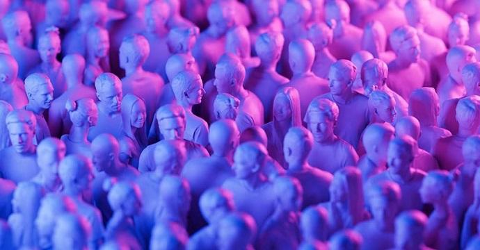 A crowd of identical figures lit in purple light
