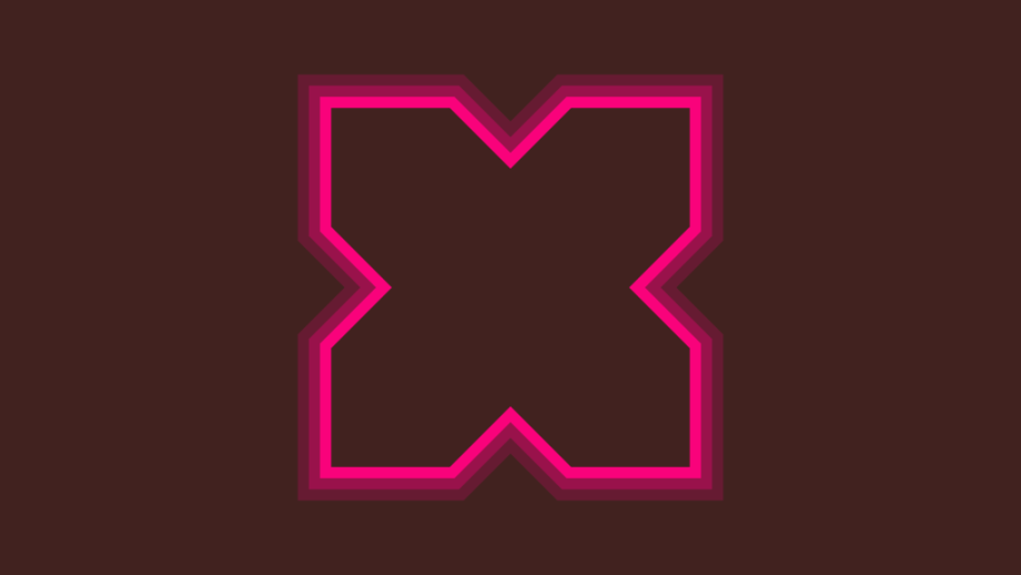 A neon pink X sits on a burgundy background