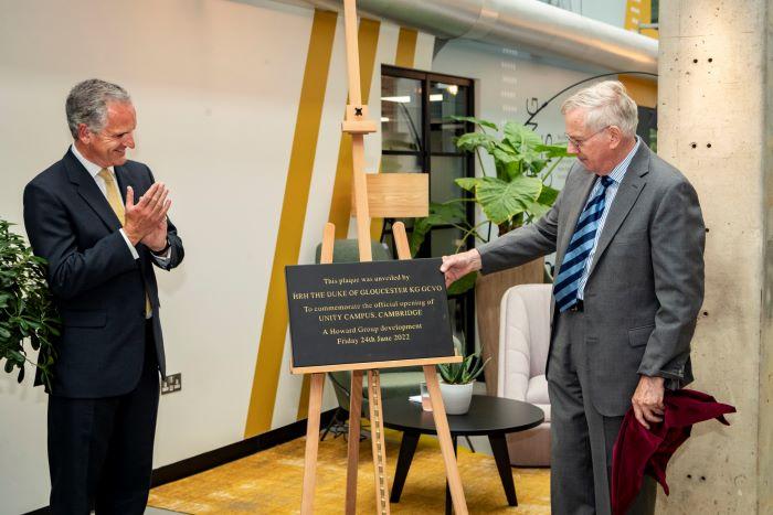 HRH The Duke of Gloucester unveils a plaque to mark the official opening of Unity Campus. (L to R: Nicholas Bewes, CEO, Howard Group, HRH The Duke of Gloucester).