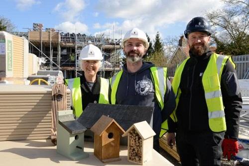 Working together on sustainability, left to right: Ann Bonnett, Chair Girton Town Charity; Keith Colley, Founder Woodmonkey Workshop; Paul Darrington, Site Manager Dovehouse Court, Barnes Construction. 