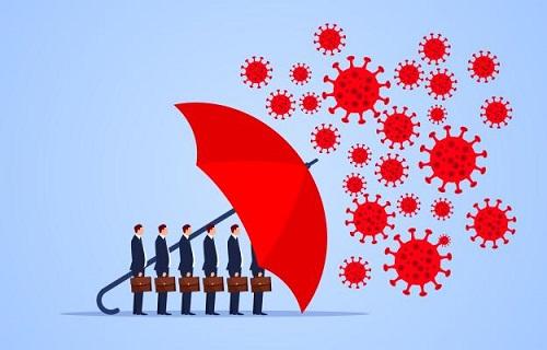 illustration showing a line up of business men behind an umbrella, shielding them from coronavirus symbols