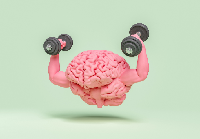 Brain with Muscular Arms and Dumbbells in Hands