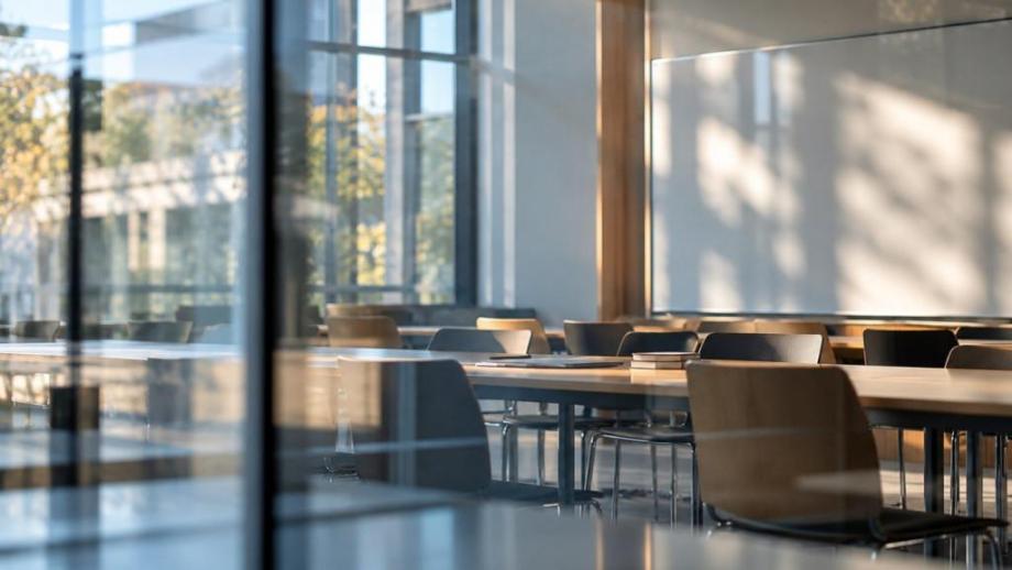 A seminar room, seen through glass