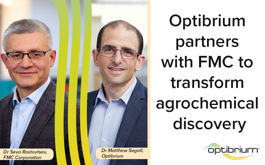 Dr Seva Rostovtsev, VP and CTO at FMC Corporation and Dr Matthew Segall, CEO of Optibrium, share news on new collaboration in this press release. Image features photos of the two men, plus the Optibrium logo.