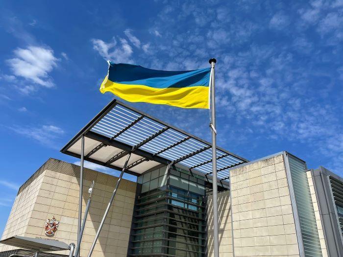 Ukraine flag on building  