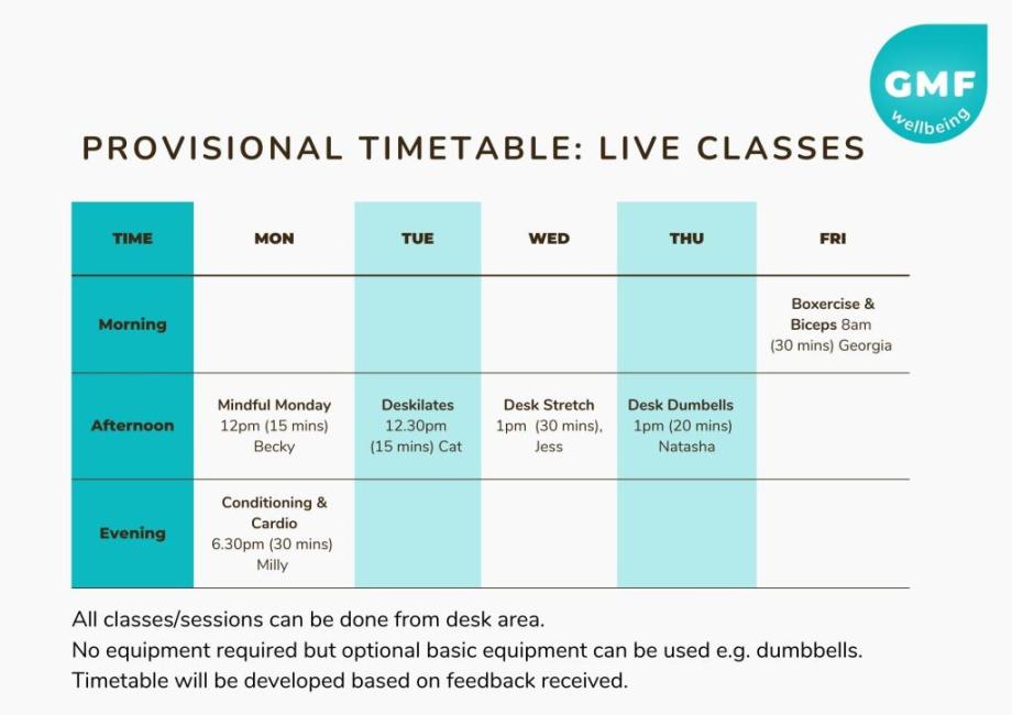 GetMeFit provisional timetable