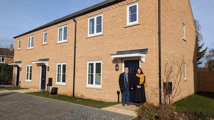 New Gamlingay homes with Cllr John Batchelor, Lead Cabinet Member for Housing, and Cllr Bridget Smith, District Cllr for Gamlingay and Council Leader