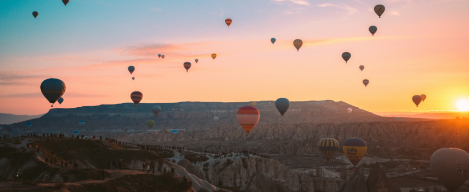 Hot air balloons in the sky at sunset