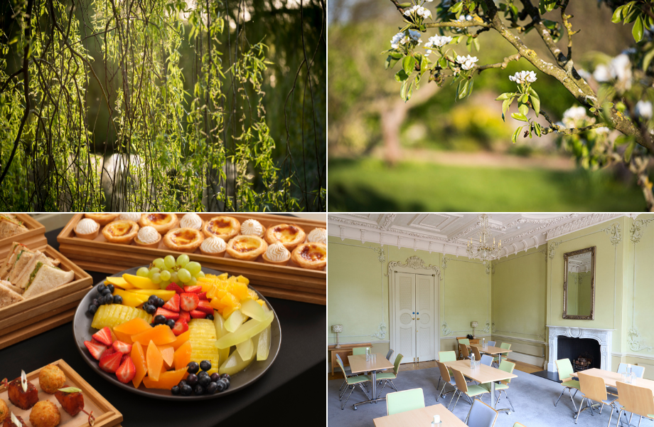 A collage of photos showing the Hinxton Hall Conference Centre grounds, rooms and a lunch buffet. 