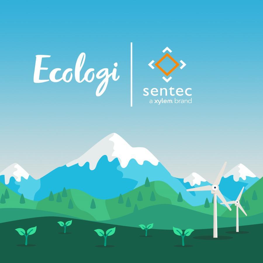 Logos of Ecologi and Sentec a Xylem brand. Background is a mountain with plant shoots out of the ground and wind turbines. 