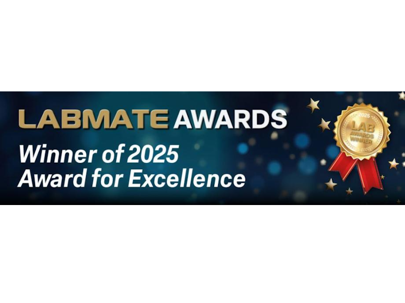 A dark sparkling background with the words LABMATE AWARDS, winner of 2025 Award for Excellence and a gold medal image