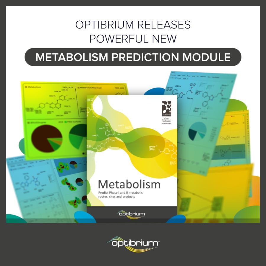 Image showing screens from new Metabolism module, including labelled molecule diagrams, WhichEnzyme and WhichP450 pie charts and glowing molecule visualisations. Title: Optibrium releases powerful new metabolism prediction software