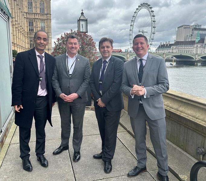 From left, Leader of Peterborough City Council Cllr Mohammed Farooq, John Hill, Director of Technology and Strategy for TWI, Mayor of Cambridgeshire and Peterborough Dr Nik Johnson and ARU Peterborough Principal Prof Ross Renton. Picture: Peterborough City Council.