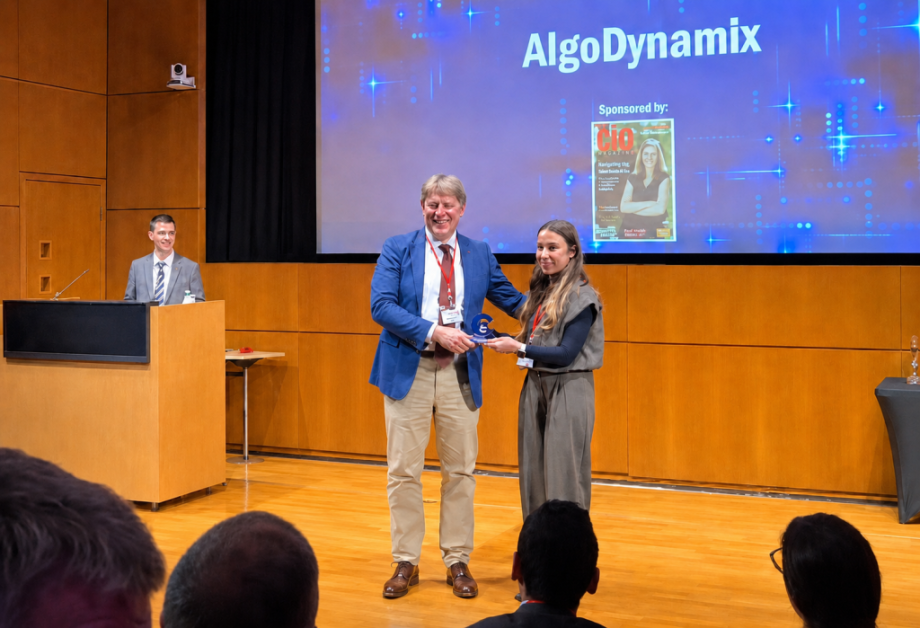  AlgoDynamix CEO Dr. Jeremy Sosabowski receiving the Fintech Company of the Year Award (runner-up) at the prestigious Genome Campus just outside Cambridge. 