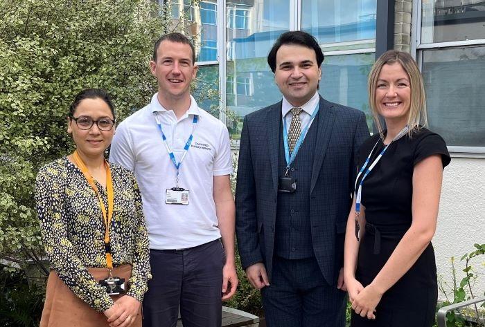 Left to right are: Indu Lawes ((Lead CSF Nurse Specialist), Toby Meek (Specialist Physiotherapist), Alexis Joannides (Consultant Neurosurgeon) and Lisa Healy (Clinical Neuropsychologist).