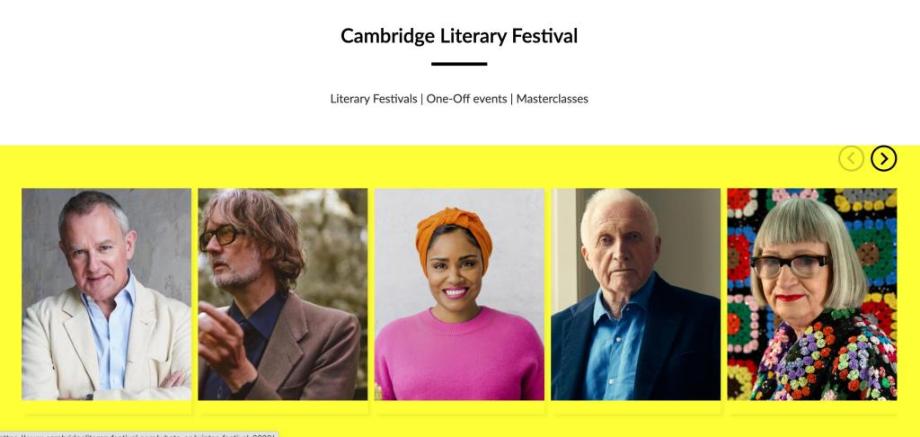 A row of speakers from the literary festival: Hugh Bonneville, Jarvis Cocker, Nadiya Hussain, David Dimbleby, and Esme Young