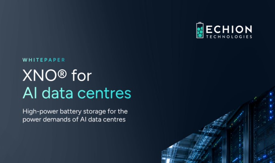 White paper cover slide for Echion Technologies titled “XNOR® for AI data centres”, with the subtitle “High-power battery storage for the power demands of AI data centres.” The Echion Technologies logo appears in the upper-right corner. The background is dark blue, with a photograph of a modern data centre/server room in the lower-right corner, featuring rows of illuminated server racks.