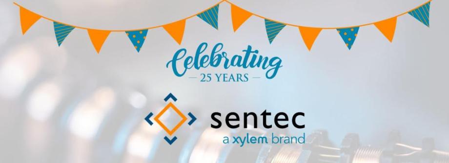 Orange and blue banner with a slimsensor coil in the background. Foreground states: Celebrating 25 Years. Sentec a Xylem Brand. 