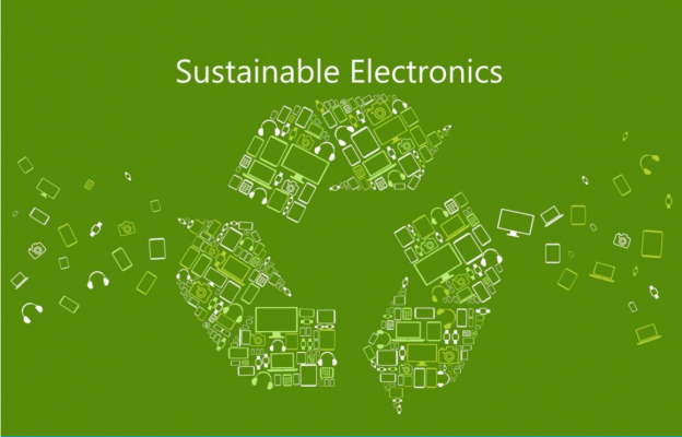 green 'sustainable electronics' banner