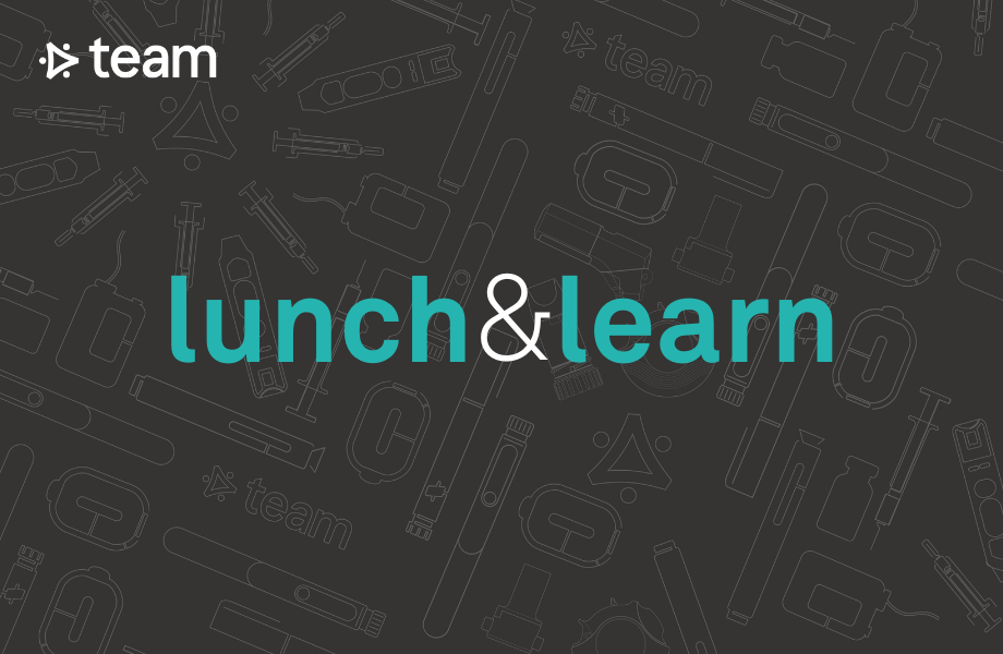 black background with medical device illustrations, blue text reads lunch&learn