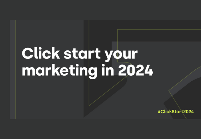 Headline 'Click start your marketing in 2024' appears alongside the hashtag ClickStart2024