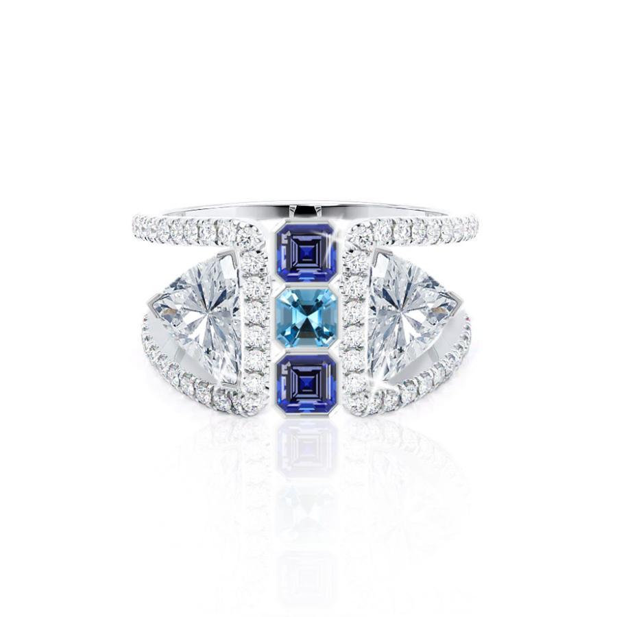 Lily Arkwright World Cup Ring Design featuring Asscher Cut Lab grown sapphires and aqua spinel