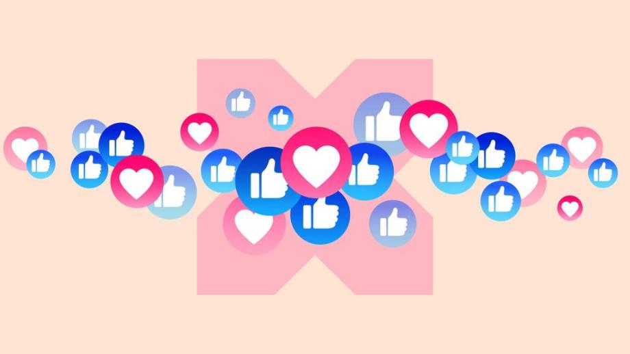A stylised X in the background with 'like' symbols flowing past it