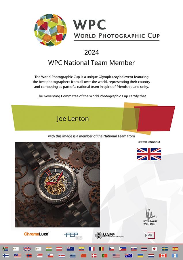 World Photographic Cup Certificate of Participation for UK - Joe Lenton