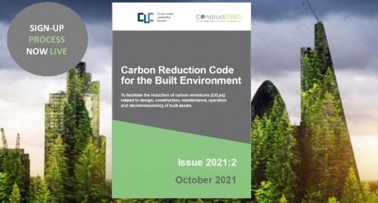 Trees in background with document_ Sign-up process now live  to the Carbon Reduction Code for the Built Environment