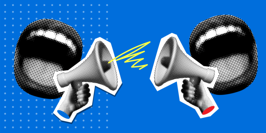 Two mouths talking to each other through megaphones
