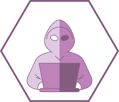 A purple cartoon of a menicing looking figure using a laptop