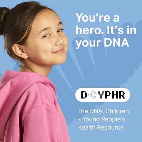 Girl in a pink hoodie looking over her shoulder with a blue background and text reading "You're a hero, it's in your DNA"