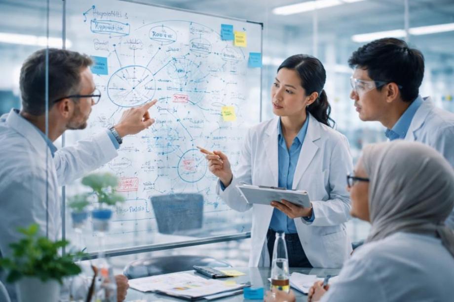 Group of scientists looking at a screen 