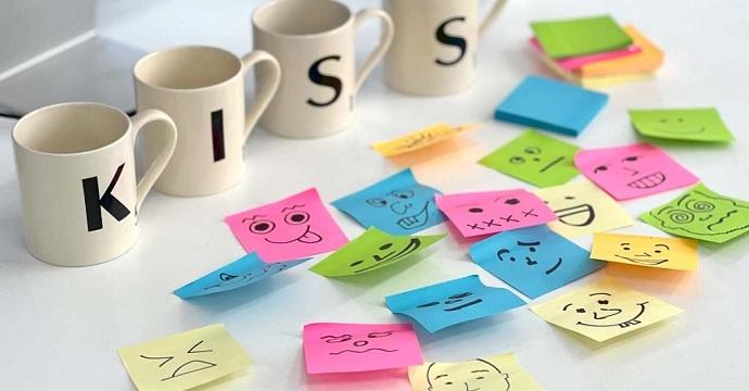 Post it notes with various faces on, with mugs spelling 'KISS' in the background